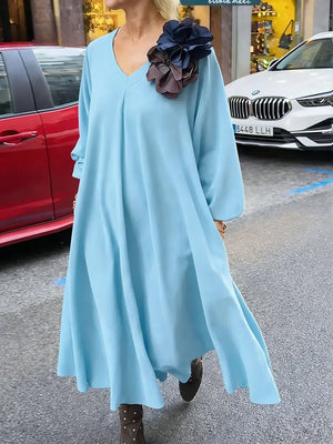 Elegant Solid Color V-Neck Long Sleeve Dress