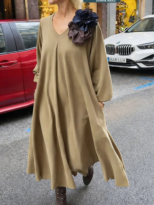 Elegant Solid Color V-Neck Long Sleeve Dress