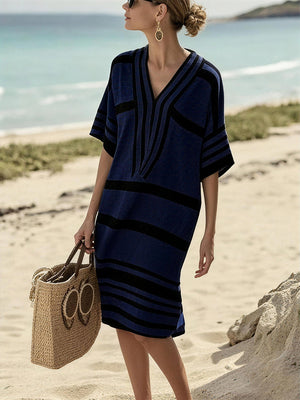 Elegant Striped V-Neck Midi Dress