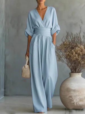 Elegant V-Neck Cinched Waist Jumpsuit