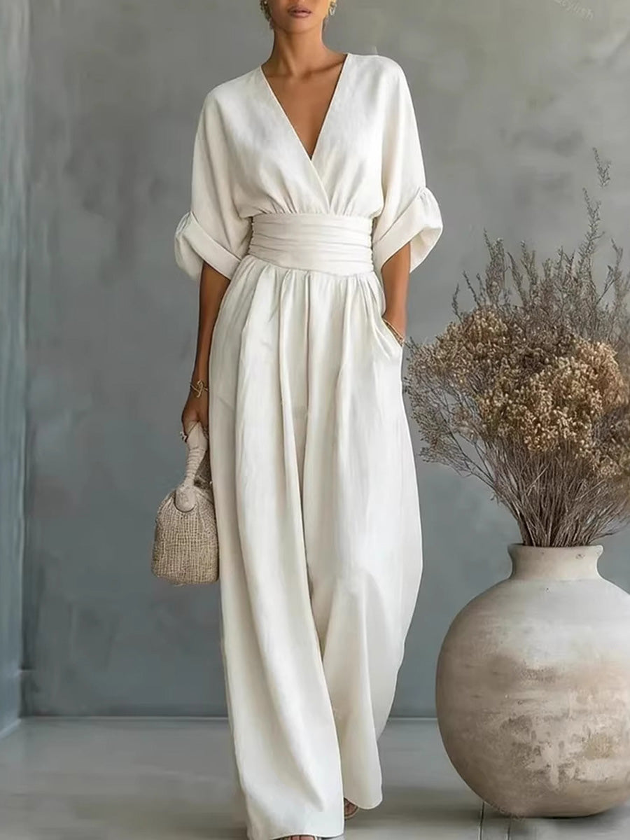 Elegant V-Neck Cinched Waist Jumpsuit