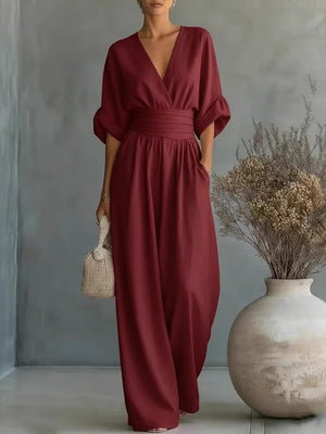 Elegant V-Neck Cinched Waist Jumpsuit