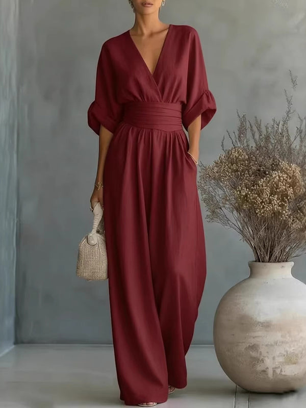 Elegant V-Neck Cinched Waist Jumpsuit