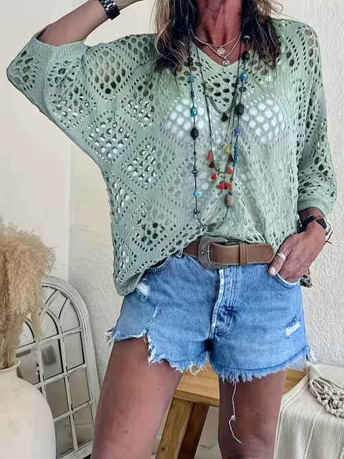 Elegant V-Neck Diamond Openwork Knit Top