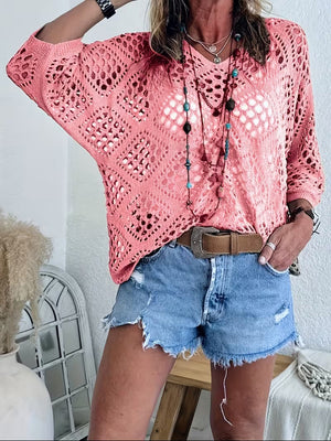 Elegant V-Neck Diamond Openwork Knit Top