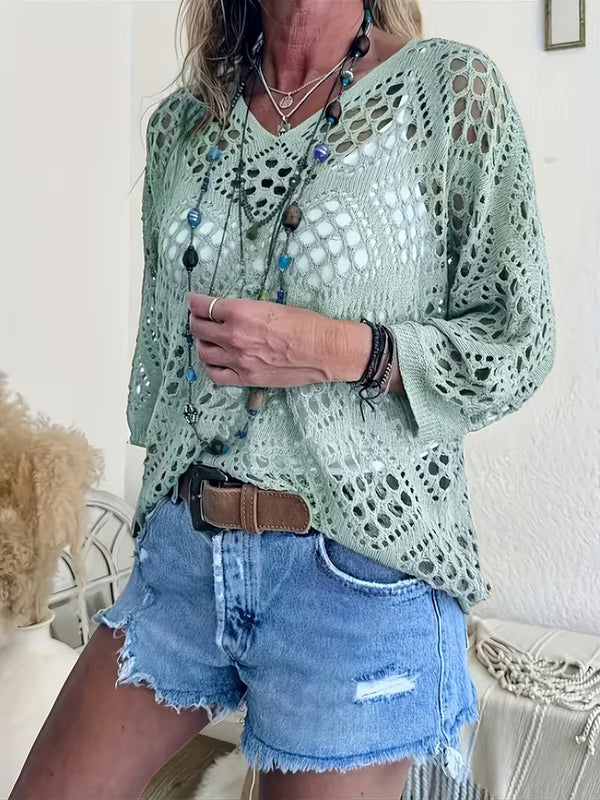 Elegant V-Neck Diamond Openwork Knit Top
