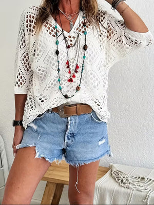 Elegant V-Neck Diamond Openwork Knit Top