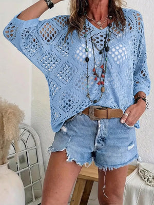 Elegant V-Neck Diamond Openwork Knit Top