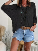 Elegant V-Neck Diamond Openwork Knit Top