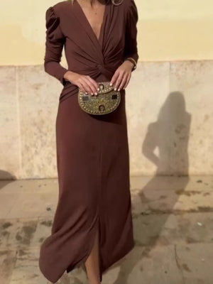 Elegant V-Neck Long-Sleeve Maxi Dress