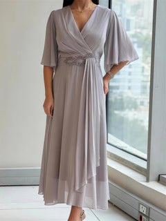 Elegant V-Neck Pleated Asymmetric Maxi Dress