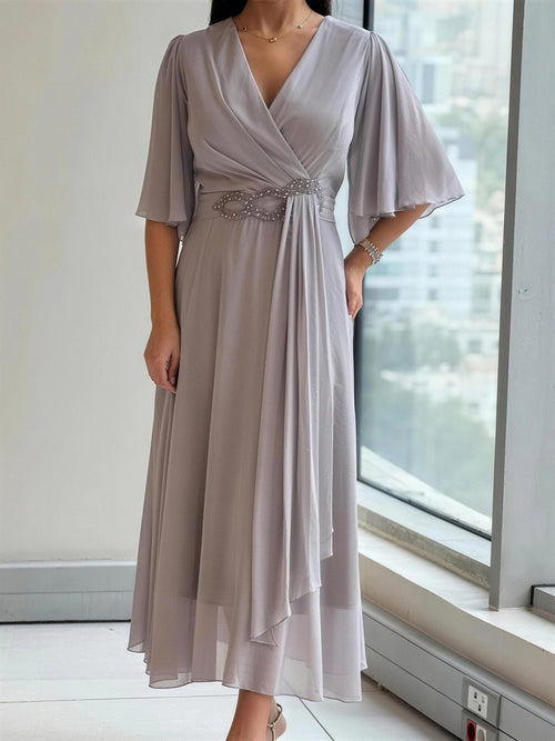 Elegant V-Neck Pleated Asymmetric Maxi Dress