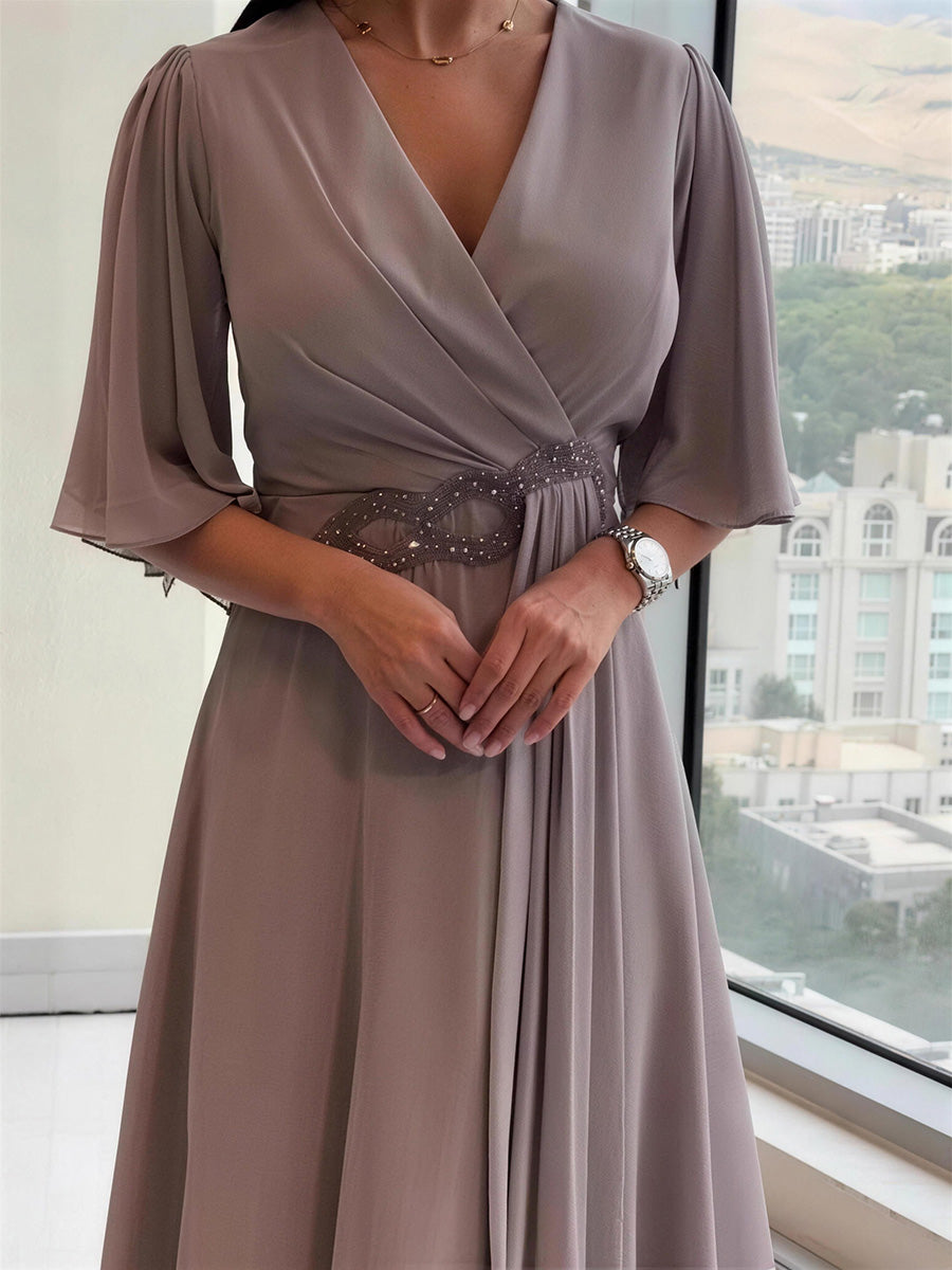 Elegant V-Neck Pleated Asymmetric Maxi Dress