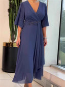 Elegant V-Neck Pleated Asymmetric Maxi Dress