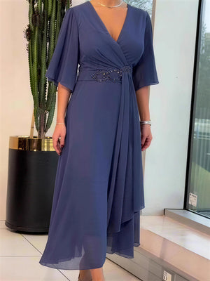 Elegant V-Neck Pleated Asymmetric Maxi Dress