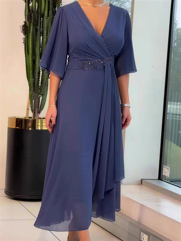 Elegant V-Neck Pleated Asymmetric Maxi Dress