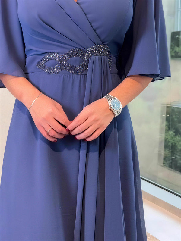 Elegant V-Neck Pleated Asymmetric Maxi Dress