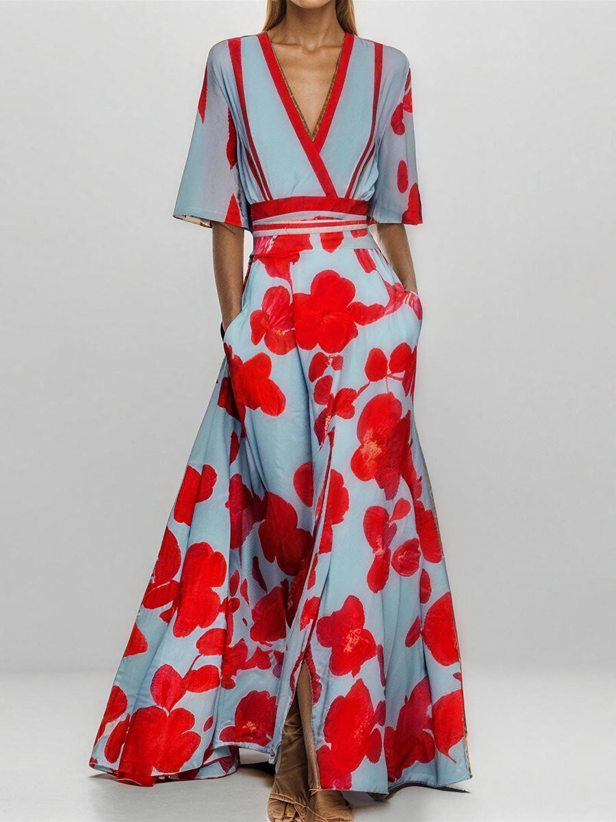 Elegant V-Neck Print Maxi Dress