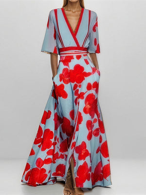 Elegant V-Neck Print Maxi Dress