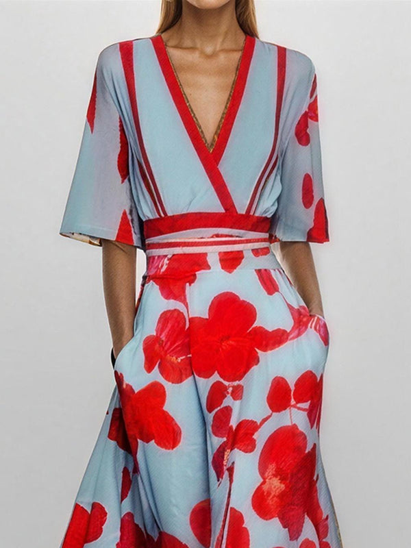 Elegant V-Neck Print Maxi Dress