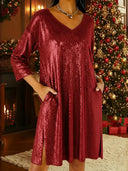 Elegant V-Neck Three-Quarter Sleeve Casual Dress