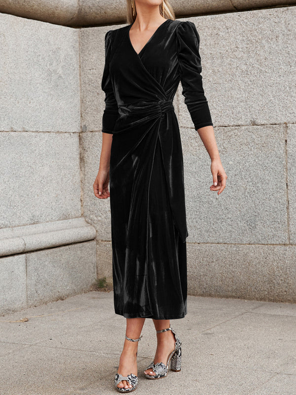 Elegant V-Neck Velvet Tie-Waist Dress