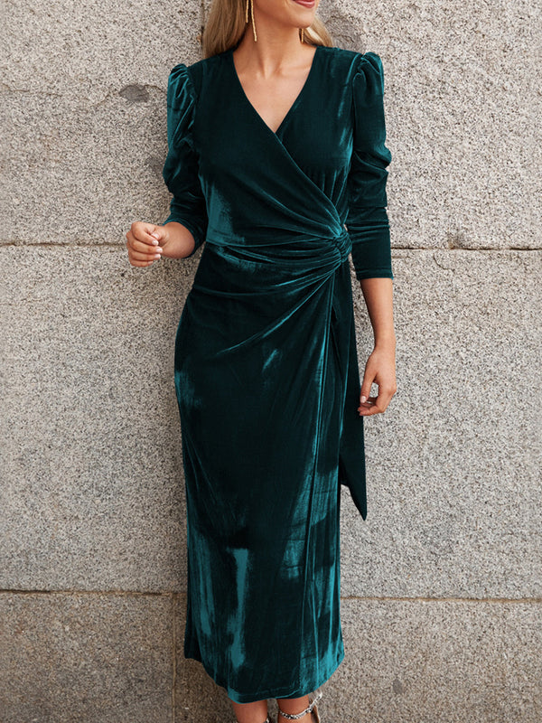 Elegant V-Neck Velvet Tie-Waist Dress