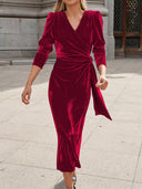 Elegant V-Neck Velvet Tie-Waist Dress
