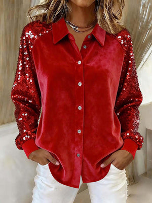 Elegant Velvet Long Sleeve Sequin Detail Top