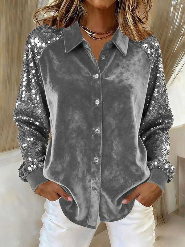 Elegant Velvet Long Sleeve Sequin Detail Top