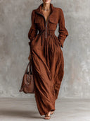Elegant Zipper Collar Elastic Waist Maxi Dress