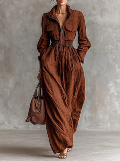 Elegant Zipper Collar Elastic Waist Maxi Dress