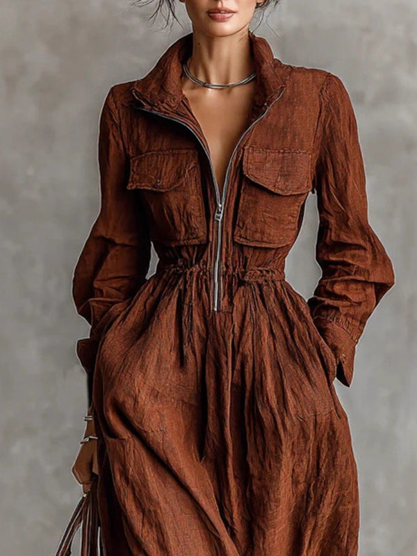 Elegant Zipper Collar Elastic Waist Maxi Dress