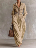 Elegant Zipper Collar Elastic Waist Maxi Dress