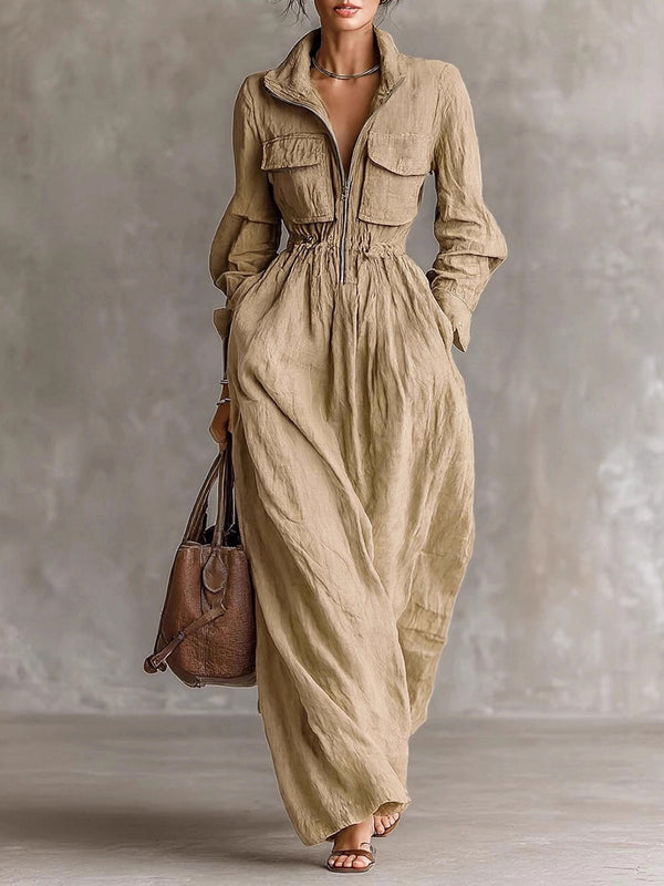 Elegant Zipper Collar Elastic Waist Maxi Dress