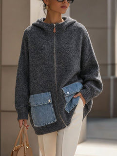 Eye-Catching Denim Pocket Hooded Knit Cardigan