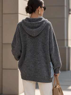 Eye-Catching Denim Pocket Hooded Knit Cardigan
