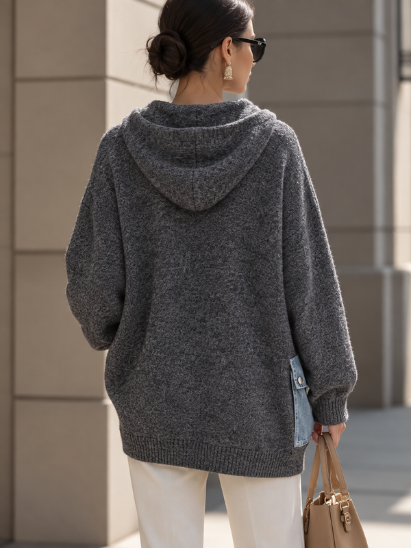 Eye-Catching Denim Pocket Hooded Knit Cardigan