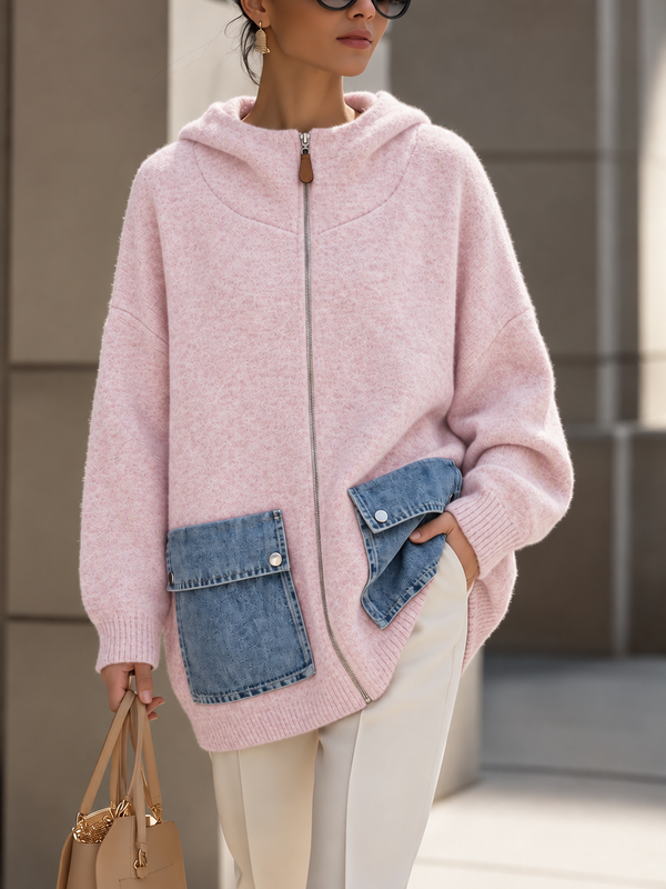 Eye-Catching Denim Pocket Hooded Knit Cardigan