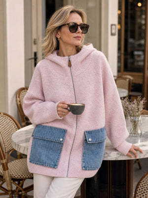 Eye-Catching Denim Pocket Hooded Knit Cardigan