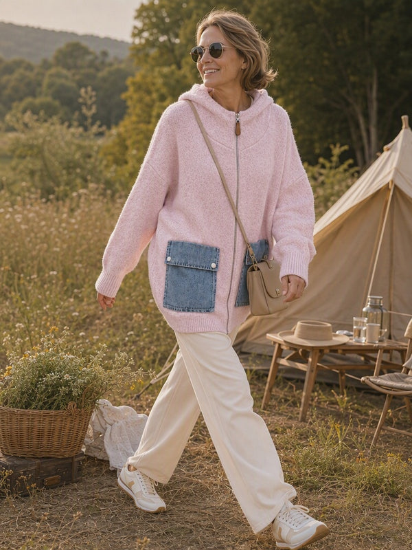 Eye-Catching Denim Pocket Hooded Knit Cardigan