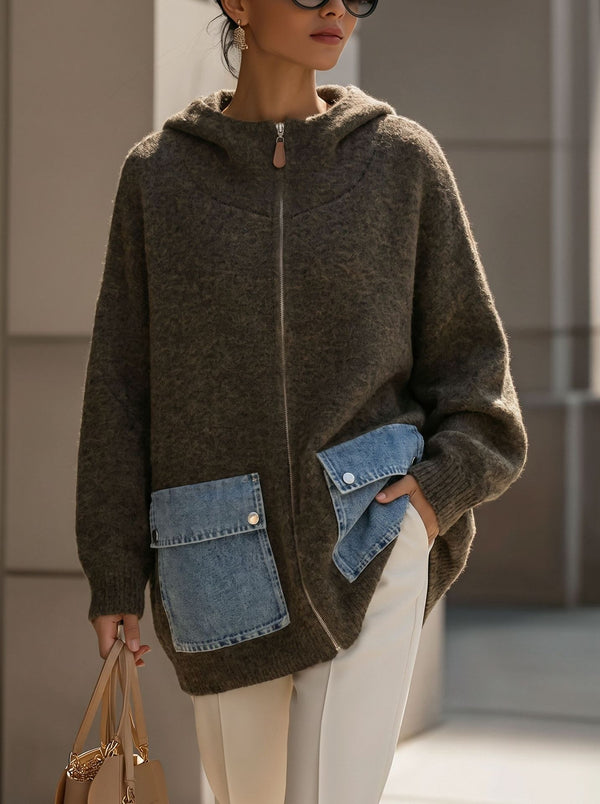 Eye-Catching Denim Pocket Hooded Knit Cardigan