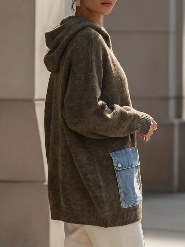 Eye-Catching Denim Pocket Hooded Knit Cardigan