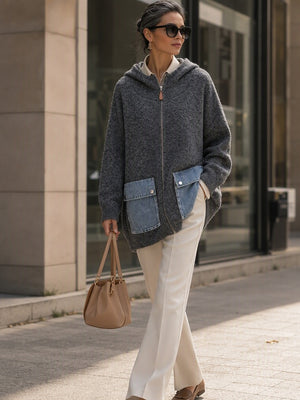 Eye-Catching Denim Pocket Hooded Knit Cardigan