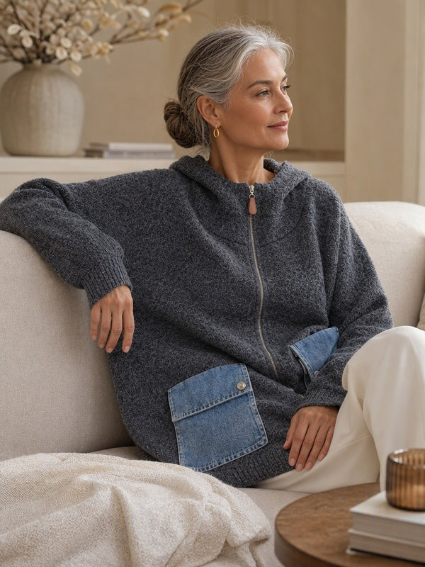 Eye-Catching Denim Pocket Hooded Knit Cardigan