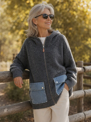Eye-Catching Denim Pocket Hooded Knit Cardigan