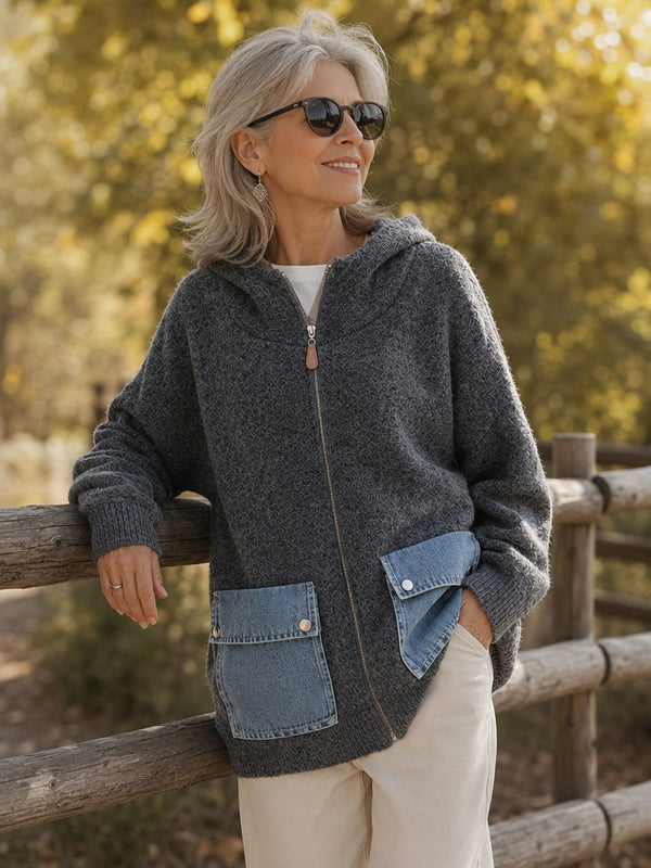 Eye-Catching Denim Pocket Hooded Knit Cardigan