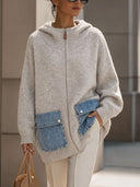 Eye-Catching Denim Pocket Hooded Knit Cardigan