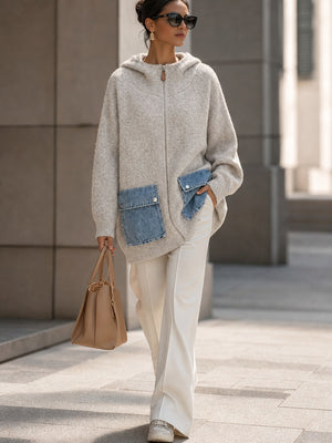 Eye-Catching Denim Pocket Hooded Knit Cardigan