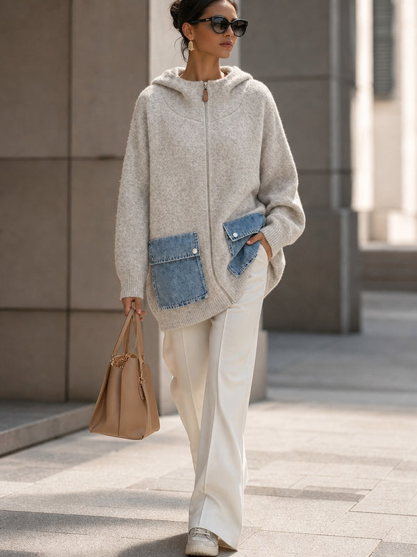 Eye-Catching Denim Pocket Hooded Knit Cardigan